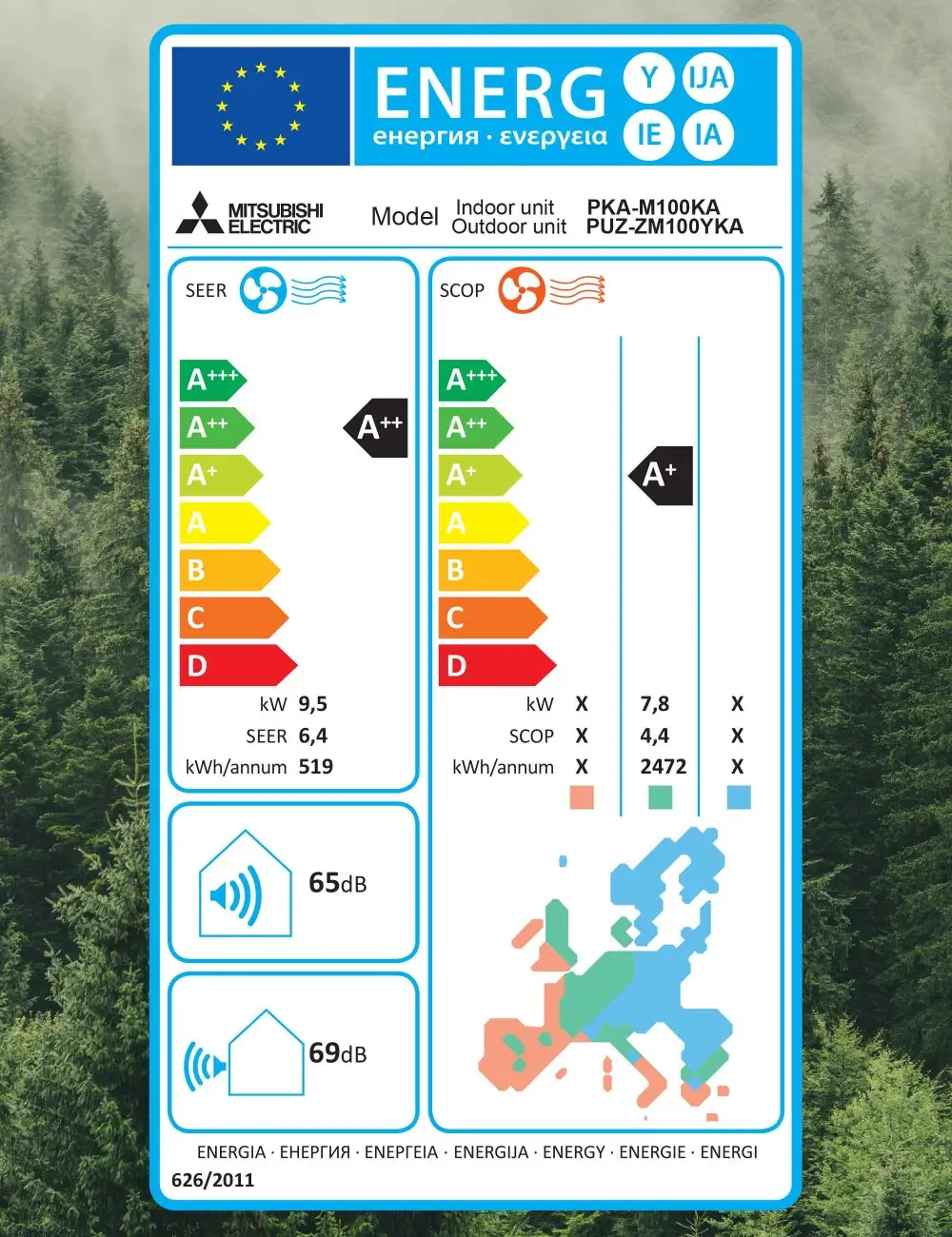 Aer conditionat tip perete Mitsubishi Electric PKA-M100KAL2 + PUZ-ZM100YKA2 34000 BTU, Inverter, A++/A+, R32